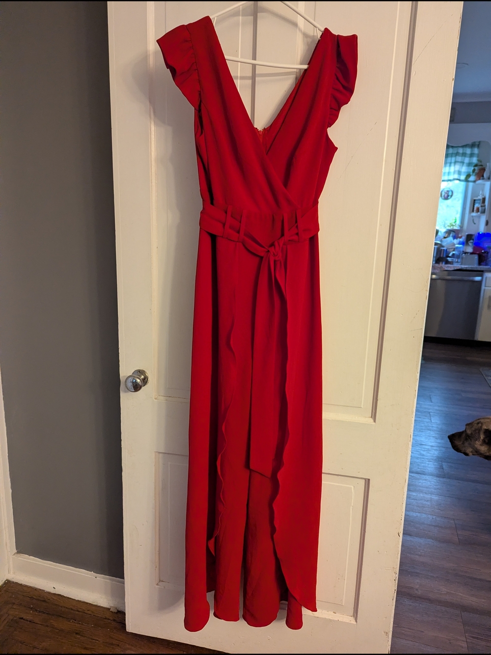 Premier Red V-Neck Ruffle Sleeve Fly Away Jump Suit with Self-Tie Waist